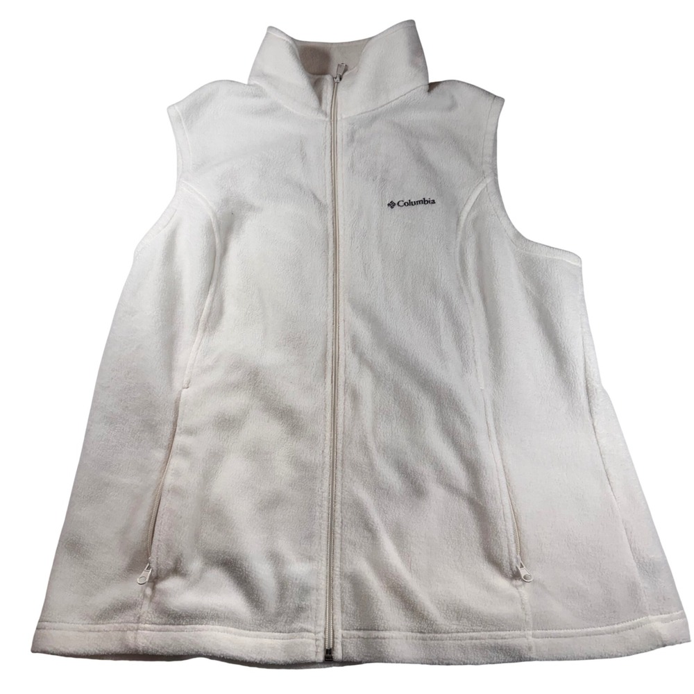 Columbia Womens Fleece Vest White Full Zip Pockets‎ Fuzzy Warm Size XL X-Large
